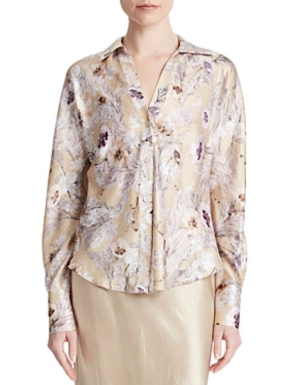 Vince Wild Flower Bias Silk Blouse Brown XL